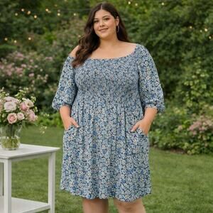 Floral Smocked Boho Peasant Dress Size 3X (24/26) Pockets Stretch